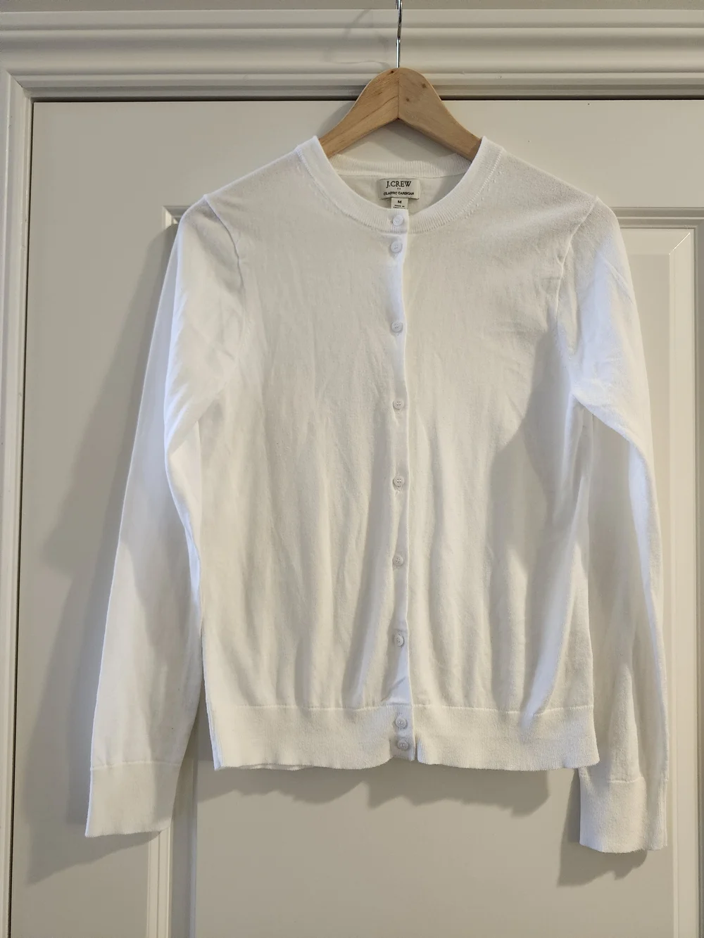 J.Crew Classic Cardigan White 100% Cotton Crewneck Button Front M